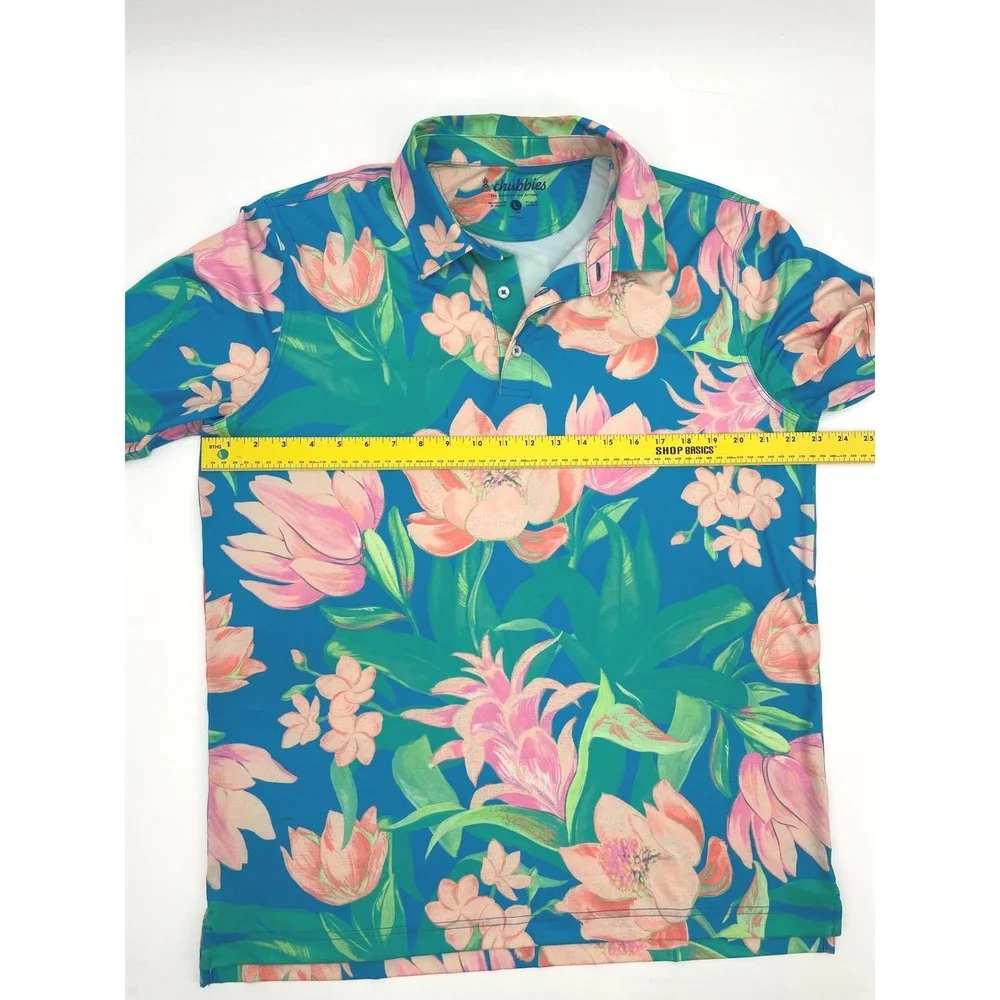 Chubbies Polo Shirt Mens Large Blue Floral Golf Performance Polo Tropical L